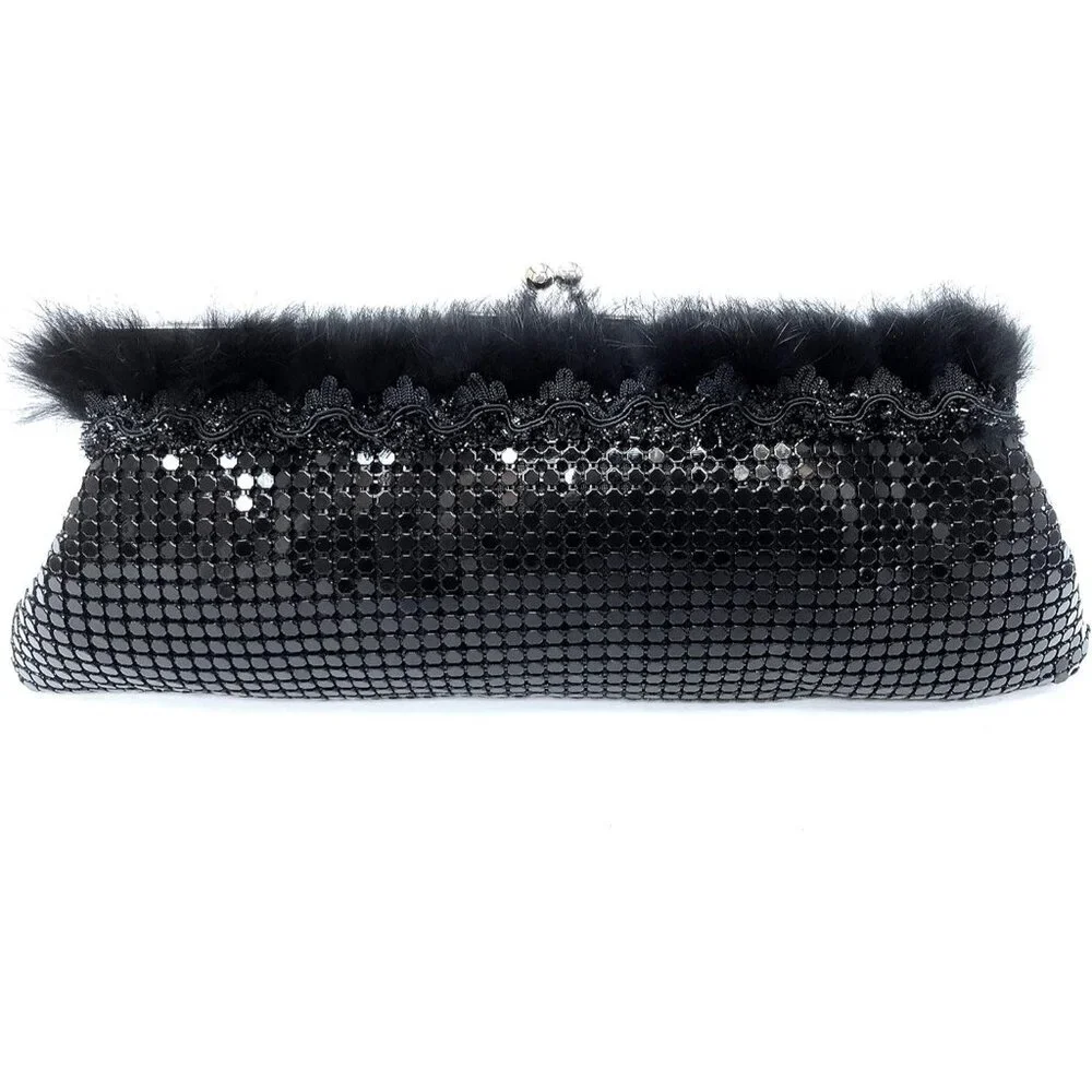 ⚡ Women's Black Fur Trim Floral Metal Kiss Lock Evening Clutch Bag